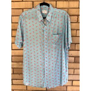 Bermies Watermelon‎ Print Short Sleeve Button Down Shirt Aqua Blue Men's Large